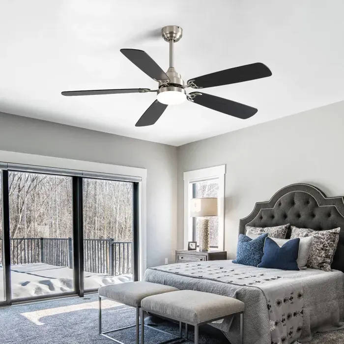 Ventilateur de plafond 132x132x35/48 cm avec 5 pales 6 vitesses moteur DC réversible LED télécommande 5 pales en MDF noir