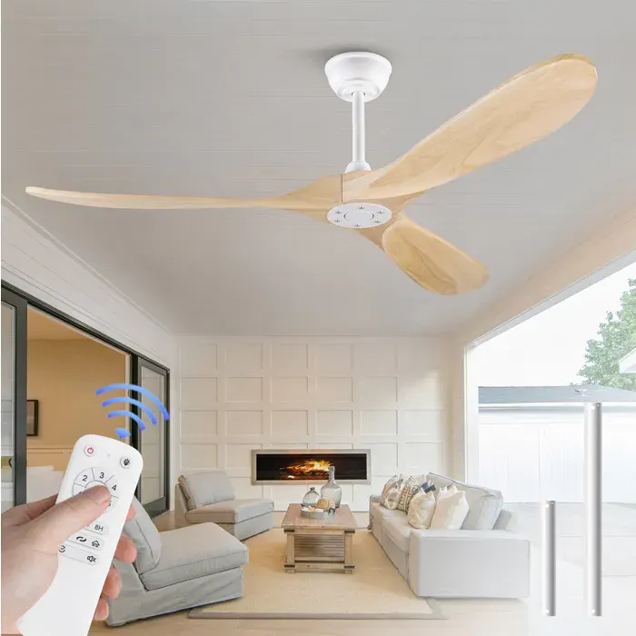 Ventilateur de plafond 152 cm sans lumière 6 vitesses mode réversible minuterie télécommande métal/bois blanc naturel