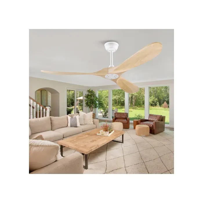 Ventilateur de plafond 152 cm sans lumière télécommande silencieux 6 vitesses réversible blanc et bois naturel