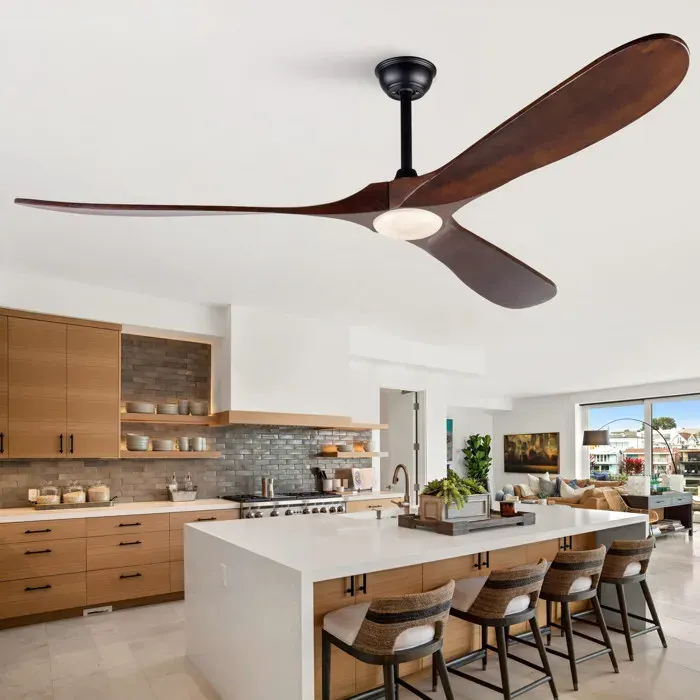 Ventilateur de plafond 176 cm avec LED 3 pales en bois noyer télécommande et moteur DC réversible