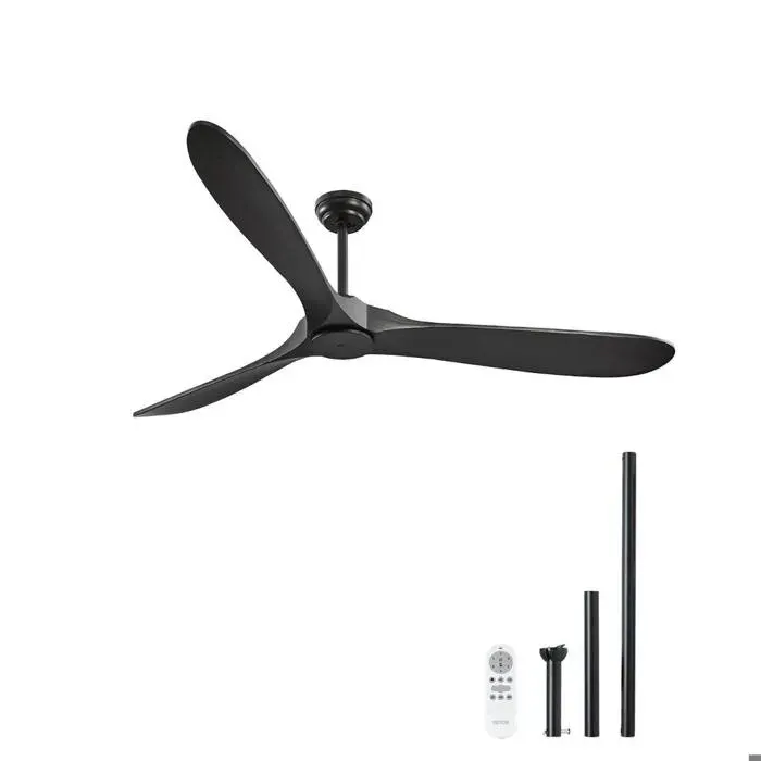Ventilateur de plafond 180 cm sans lumière 6 vitesses télécommande 3 pales bois moteur CC réversible chambre salon intérieur noir
