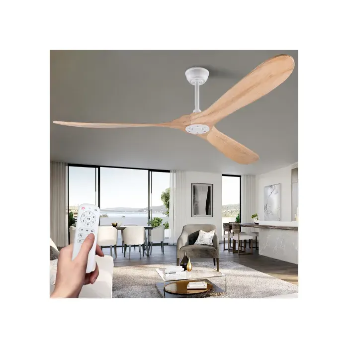 Ventilateur de plafond 183 cm sans lumière avec télécommande silencieux 6 vitesses réversible blanc et bois