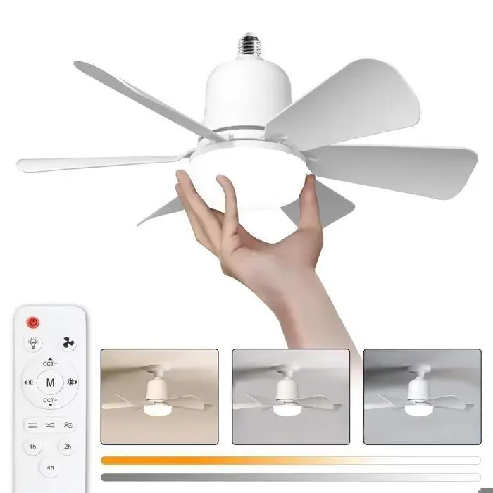 Ventilateur de plafond 30 W culot E27 LED à intensité variable 3 vitesses 6 pales convient pour chambre et salon