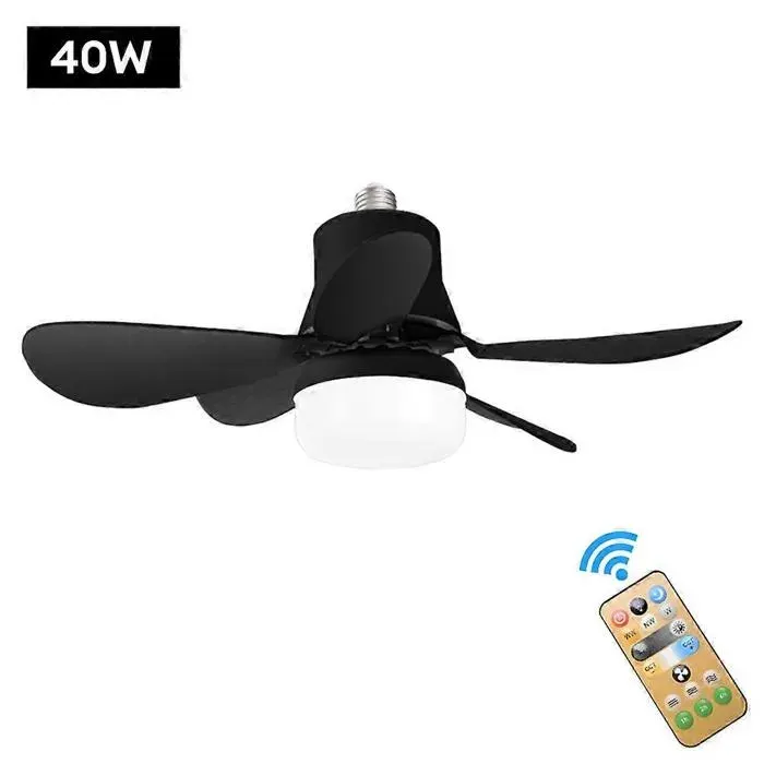 Ventilateur de plafond 30W LED 5 pales amovibles E27 télécommande 3 vitesses Noir