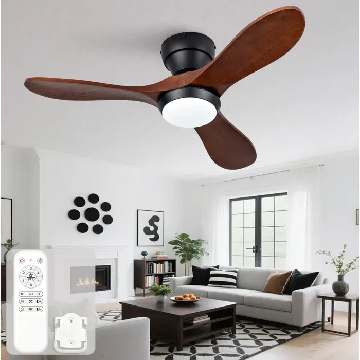 Ventilateur de plafond 36 pouces avec éclairage LED télécommande 3 pales en bois noir et noyer foncé