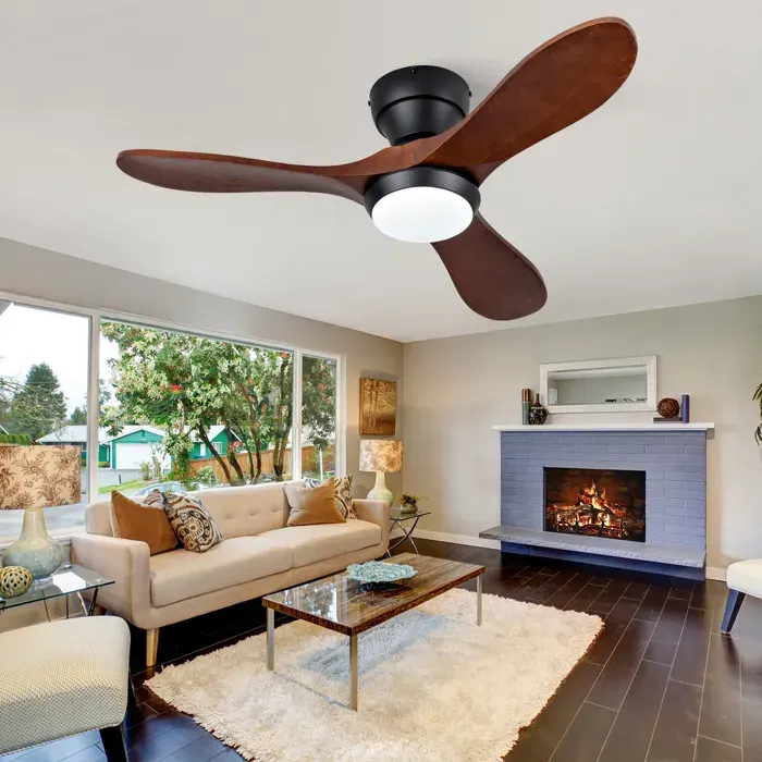 Ventilateur de Plafond 36 Pouces avec Lumière LED et Télécommande 3 Pales Bois Massif Moteur CC Réversible Silencieux 6 Vitesses