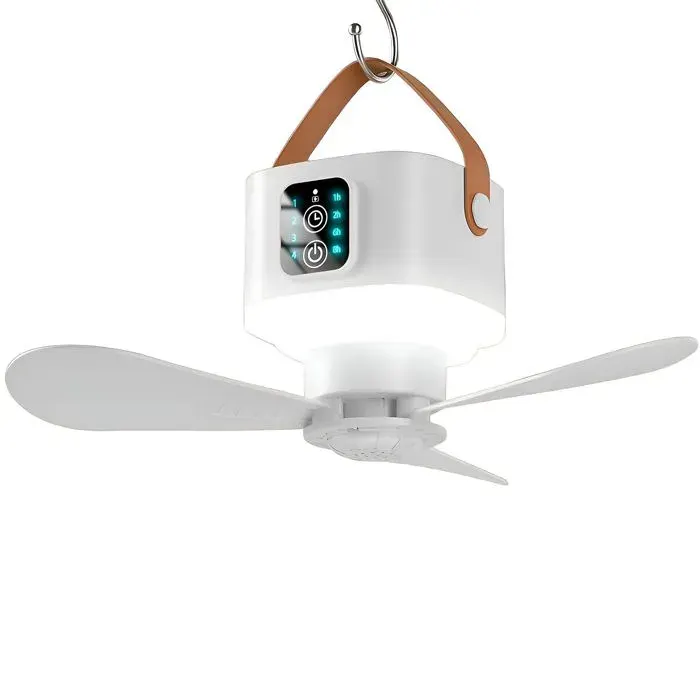 Ventilateur de plafond 4 vitesses 3 niveaux de luminosité refroidissement rapide 7200 mAh minuterie télécommande blanc