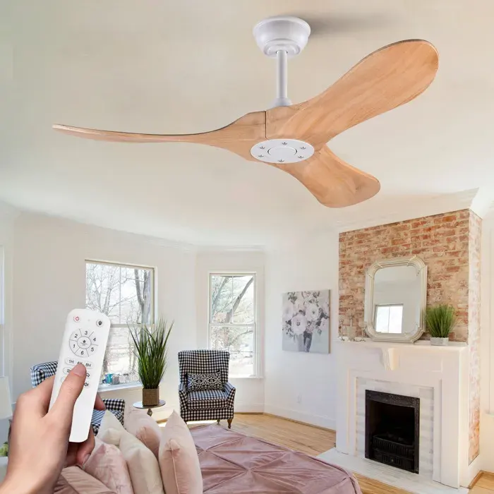 Ventilateur de plafond 42 à 3 pales en bois moteur DC réversible silencieux télécommande blanc/naturel métal