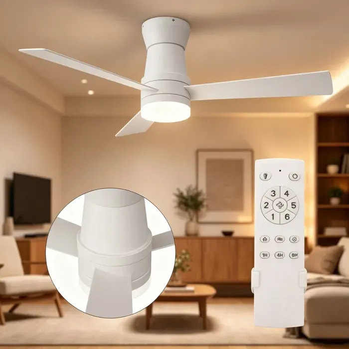 Ventilateur de plafond 42 avec lumière - 6 vitesses - Dimmable - Télécommande - Silencieux - Pour Cuisine Chambre Salon - Blanc