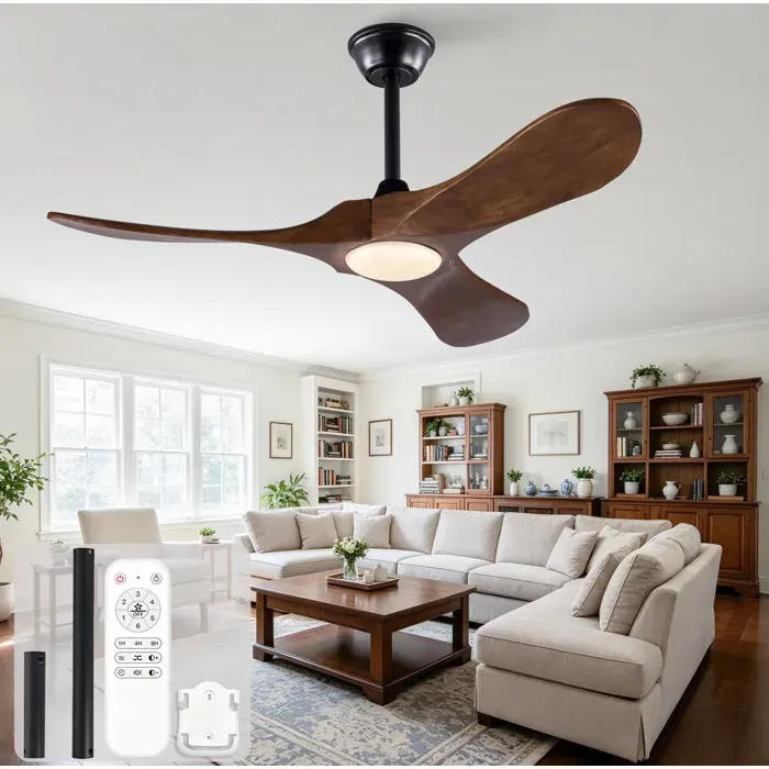 Ventilateur de plafond 42 avec lumière LED intégrée 3 pales en bois massif télécommande moteur DC silencieux