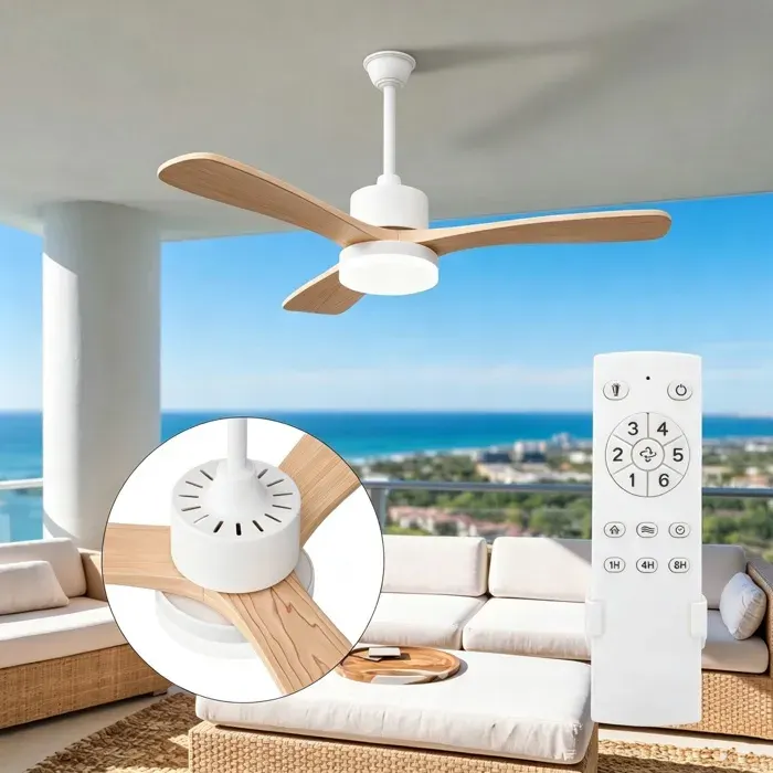 Ventilateur de plafond 42 en bois massif avec lumière - 6 vitesses - Télécommande - Silencieux - Pour Cuisine Chambre Salon