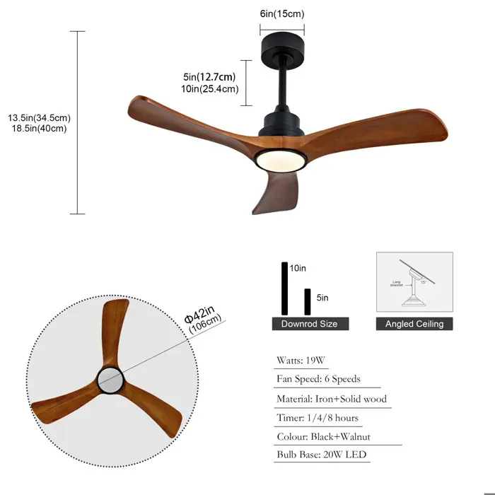 Ventilateur de plafond 42 pouces 3 pales en bois LED intégrée 3CCT dimmable télécommande interrupteur mural VEVXYN