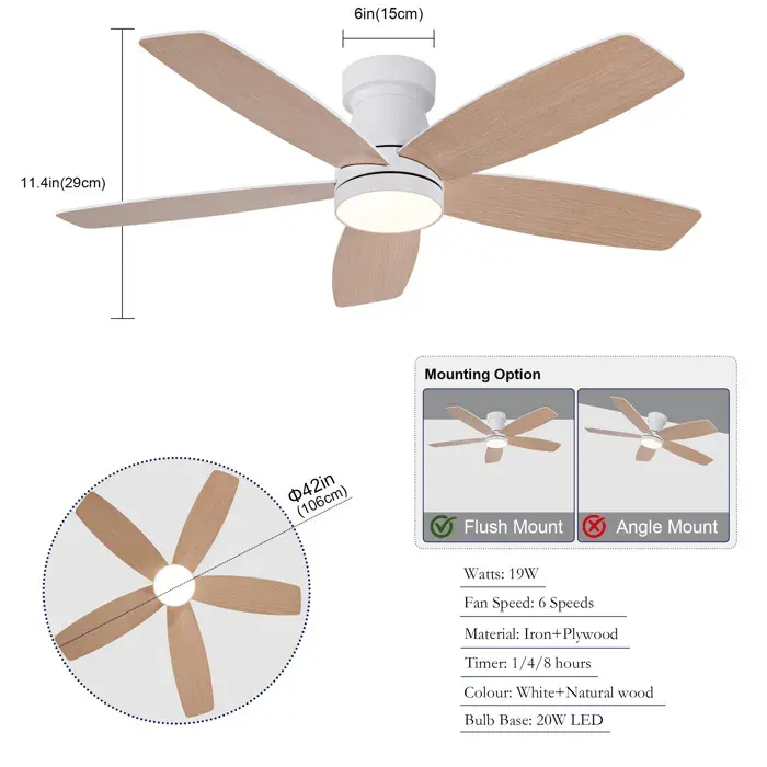 Ventilateur de plafond 42 pouces avec éclairage LED 3 CCT télécommande 6 vitesses montage flush bois et métal ORVRYN