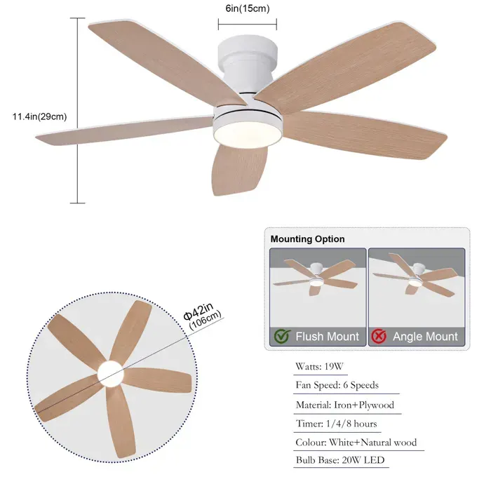 Ventilateur de plafond 42 pouces avec LED intégrée télécommande 6 vitesses moteur DC blanc bois naturel VEVXYN
