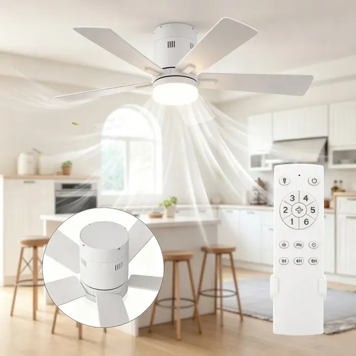 Ventilateur de plafond 42 pouces avec lumière télécommande - 6 vitesses - Silencieux et écoénergétique - Blanc