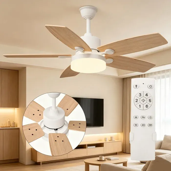 Ventilateur de plafond 42 pouces avec lumière télécommande - 6 vitesses Silencieux et écoénergétique - couleur bois naturel