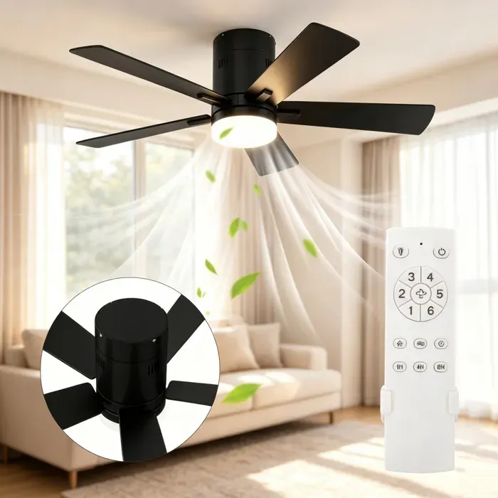 Ventilateur de plafond 42 pouces avec lumière télécommande - 6 vitesses - Silencieux et écoénergétique - Noir
