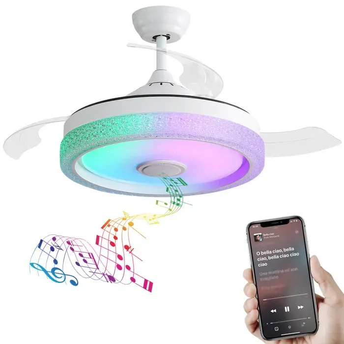 Ventilateur De Plafond 42 Pouces LED RGB Bluetooth 6 Vitesses Télécommande Blanc