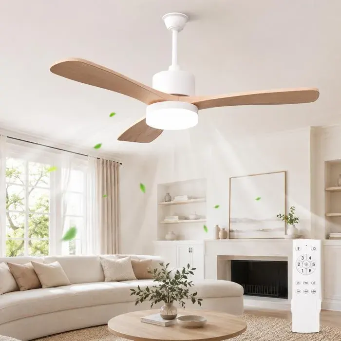Ventilateur de Plafond 42 pouces Moteur CC Silencieux 3 Pales 6 Vitesses LED Réglable Minuterie et Télécommande Finition Bois