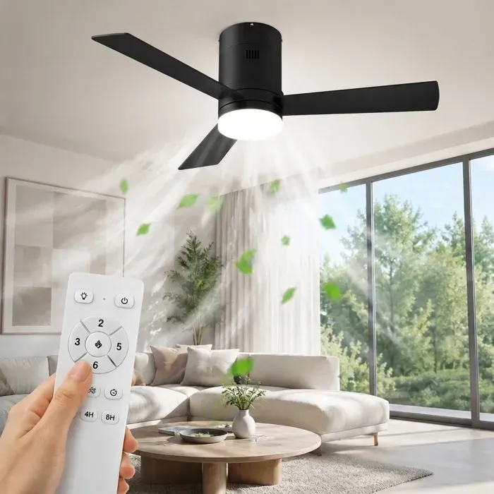 Ventilateur de plafond 42 pouces noir CC réversible 3 pales silencieux avec lumière et télécommande mode été/hiver 2‑en‑1