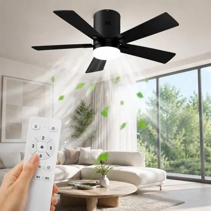 Ventilateur de plafond 42 pouces noir DC réversible 5 pales silencieux avec lumière et télécommande mode été/hiver 2‑en‑1