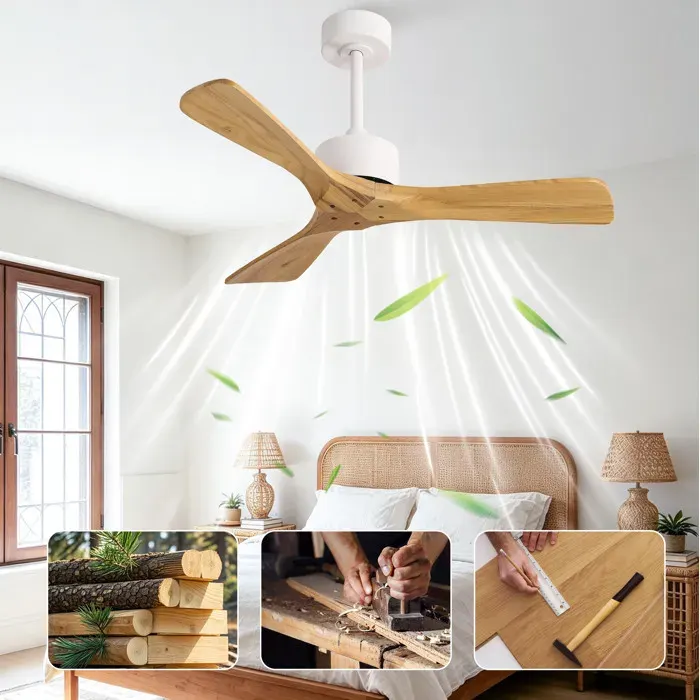 Ventilateur de plafond 42 pouces sans lumière EVRYAE 3 pales en bois télécommande moteur DC réversible silencieux blanc naturel