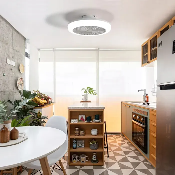 Ventilateur de plafond 46x46x15 cm avec pales en ABS éclairage LED télécommande moteur DC réversible blanc