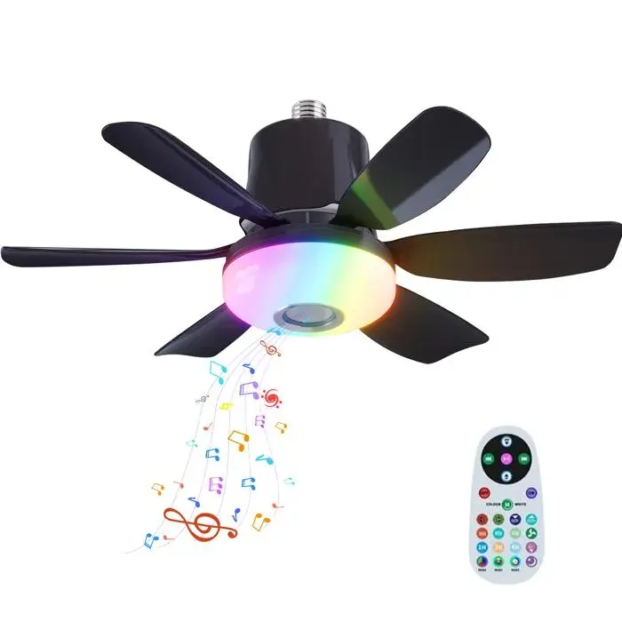 Ventilateur de Plafond 47 cm avec Lumières LED et Télécommande Ampoule LED RGB 32 W 3 Vitesses 3 Couleurs Minuterie Bluetooth