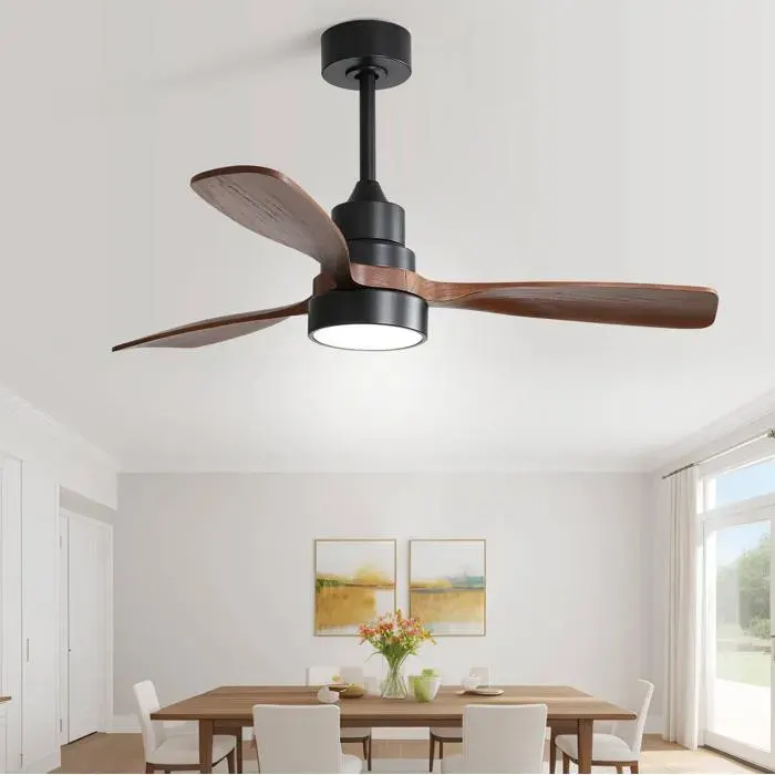 Ventilateur de plafond 48 avec LED. moteur DC réversible 6 vitesses. télécommande. bois noyer et noir
