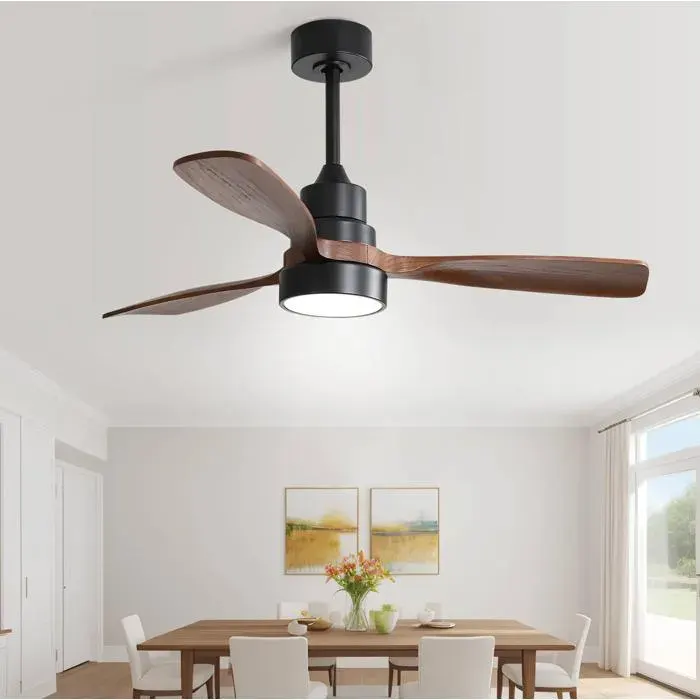 Ventilateur de plafond 48 pouces avec LED 18 W 3 pales en bois massif moteur DC réversible télécommande noir