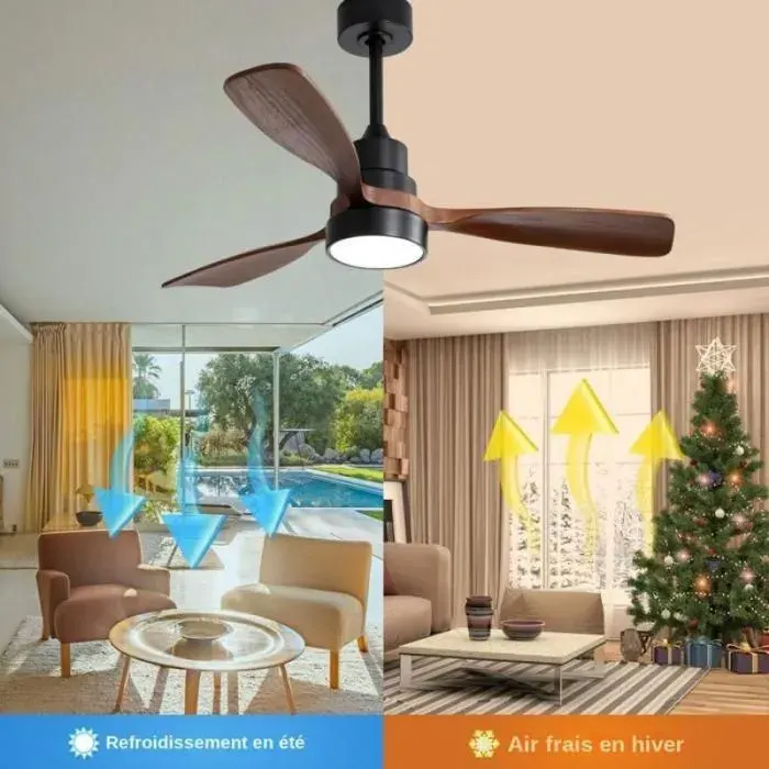 Ventilateur de Plafond 48 Pouces en Bois Massif avec Moteur DC Silencieux Réversible Télécommande LED 3CC VENTILATEUR DE PLAFOND