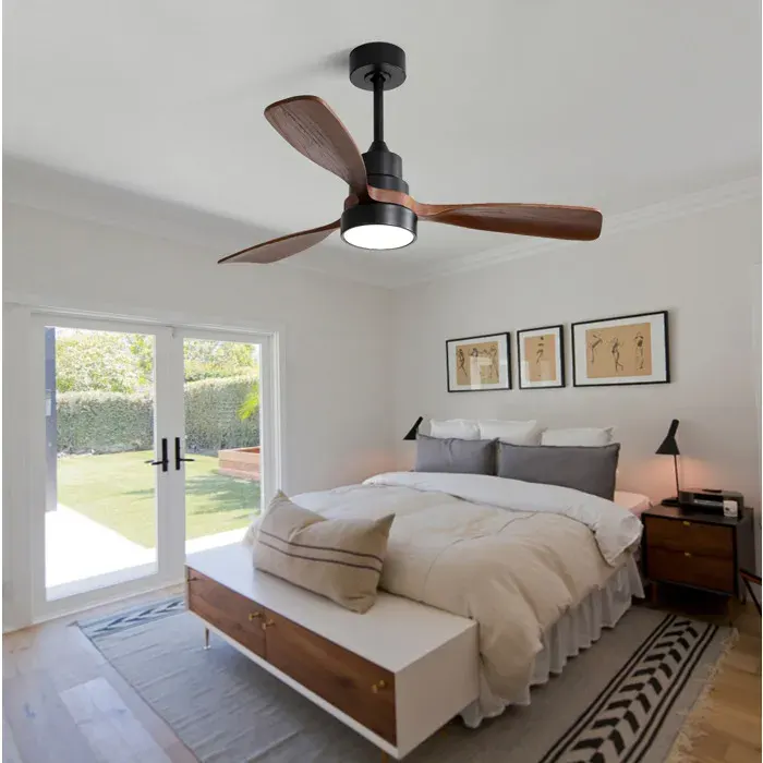 Ventilateur de plafond 48 pouces noir et bois noyer avec LED 18 W 3 pales en bois massif télécommande