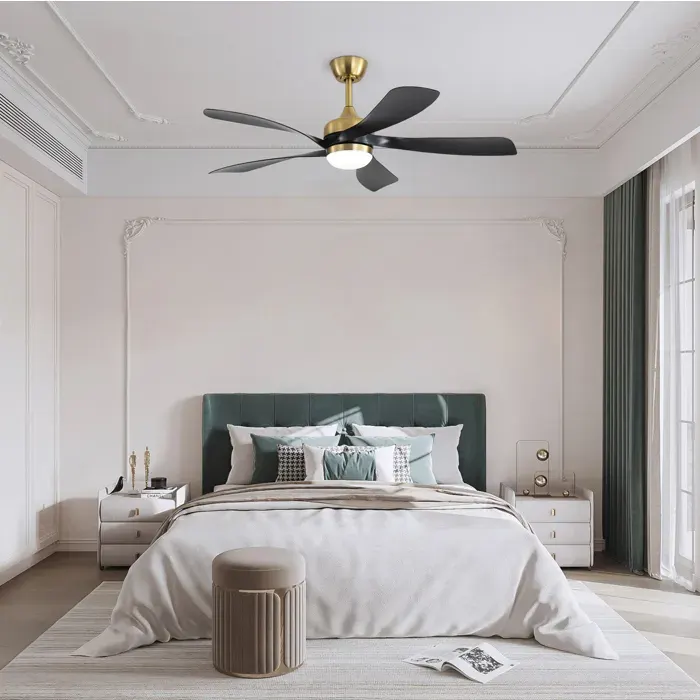Ventilateur de Plafond 5 Pales ABS Réversible avec LED Dimmable - YEAVIO - Moteur DC Silencieux Noir et Doré 13208 cm