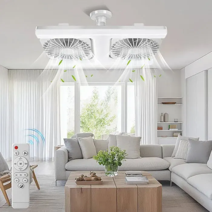 Ventilateur de plafond 50 W avec éclairagedouille E27télécommandemode silencieux3 vitesses3 couleursangle réglablepour