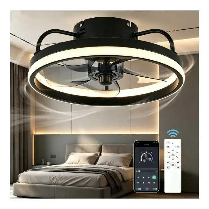 Ventilateur de plafond 50cm - Silencieux à LED - Éclairage 3 Couleurs Dimmable - 6 Vitesses - Couleur Noir