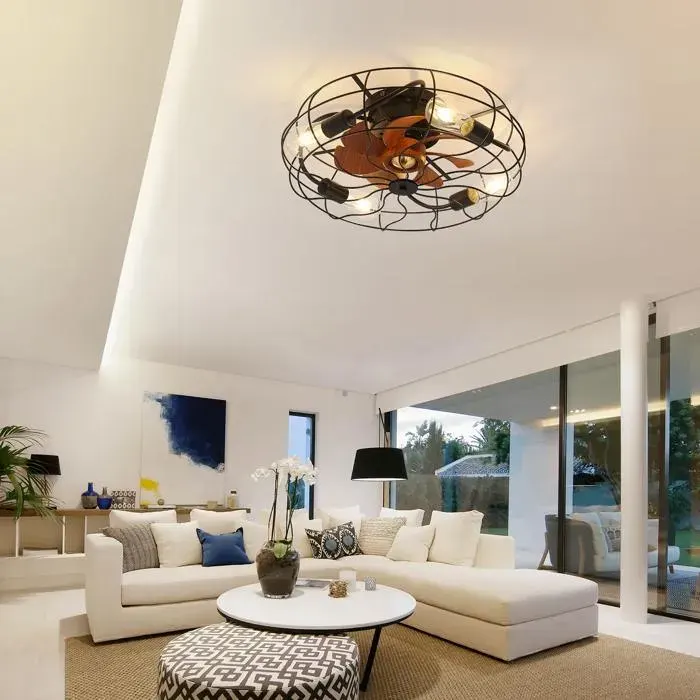 Ventilateur de plafond 51 cm avec lumière télécommande silencieux moteur DC réversible 6 vitesses noir