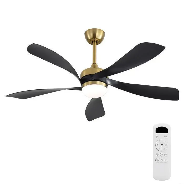 Ventilateur de plafond 52 avec éclairage LED dimmable moteur DC réversible 5 pales ABS noir et doré