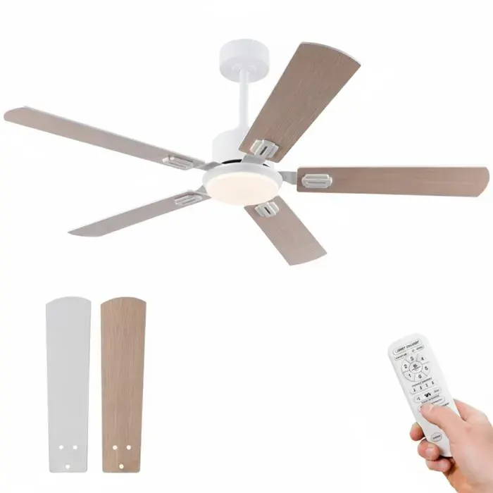 Ventilateur de Plafond 52 avec Lumière et Télécommande 5 Pales Double Face Blanc & Bois Moteur Réversible 6 Vitesses LED Dimma