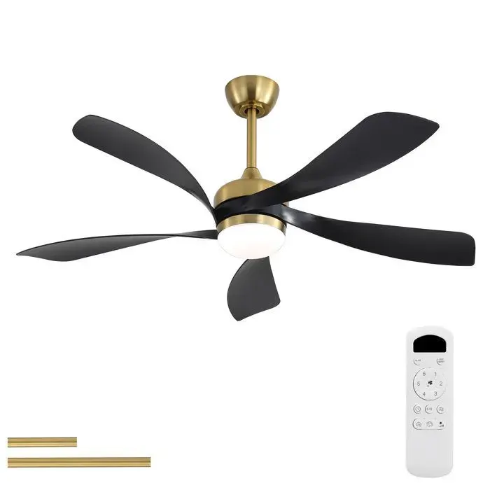 Ventilateur de plafond 52 avec lumière LED dimmable avec mémoire Moteur DC réversible 5 pales ABS Minuterie 1/4/8h Doré & noir