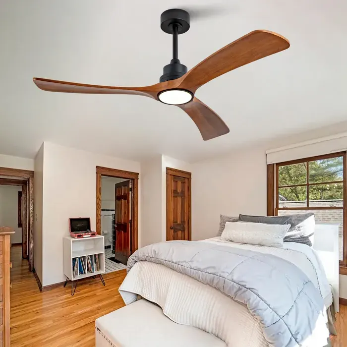Ventilateur de plafond 52 pouces avec LED 3 pales en bois moteur DC réversible double commande noir et noyer foncé — coloris Blanc
