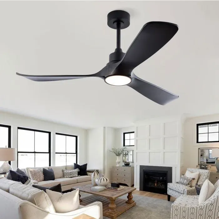 Ventilateur de plafond 52 pouces avec lumière télécommande moteur DC réversible 3 vitesses de couleur noir ABS