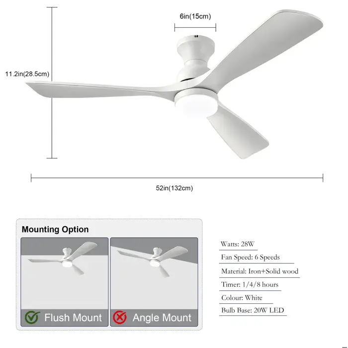 Ventilateur De Plafond 52 Pouces Blanc Plafonnier Ventilateur FloraGrace Pour Chambre Installation Affleurante 132x132x285cm