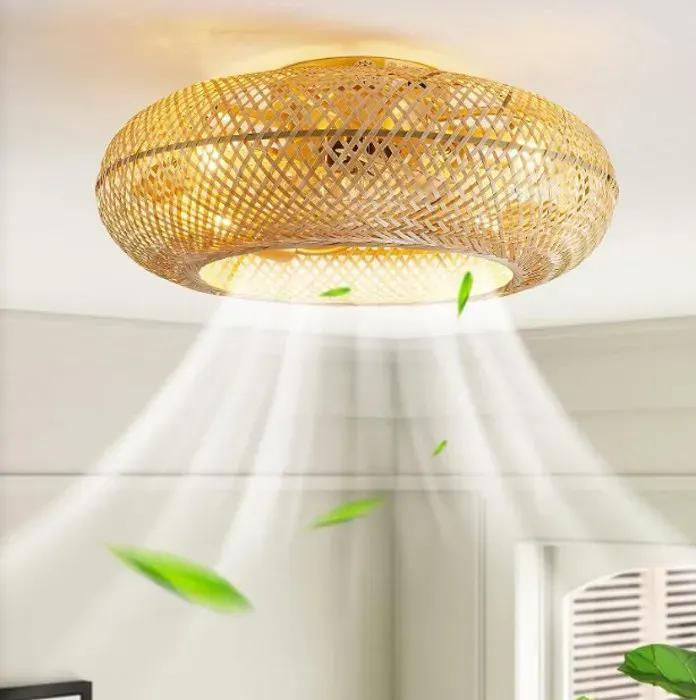 Ventilateur de plafond 6 Vitesses 50cm Silencieux Rotin Naturel Tissé Lampe de Plafond pour Salon Chambre Salle à Manger Lumière