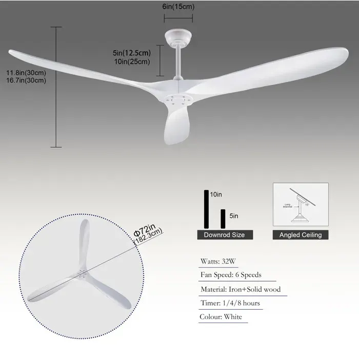 Ventilateur de plafond 70 pouces blanc 3 pales en bois sans éclairage télécommande 6 vitesses réversible mémoire JOINERY