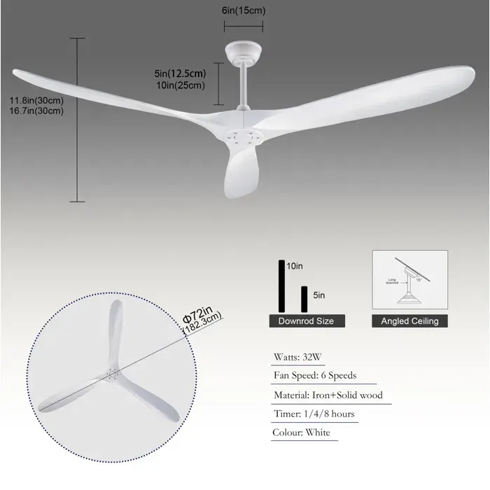 Ventilateur de plafond 70 pouces blanc 3 pales en bois sans éclairage télécommande 6 vitesses réversible VEVXYN