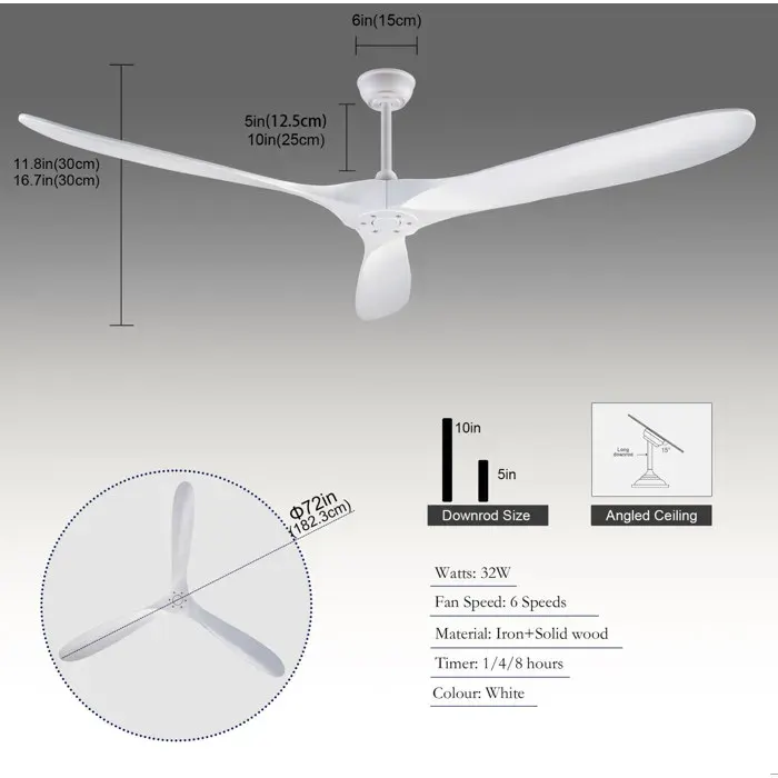 Ventilateur de plafond 70 pouces blanc moderne 3 pales bois sans éclairage télécommande 6 vitesses réversible ORVRYN