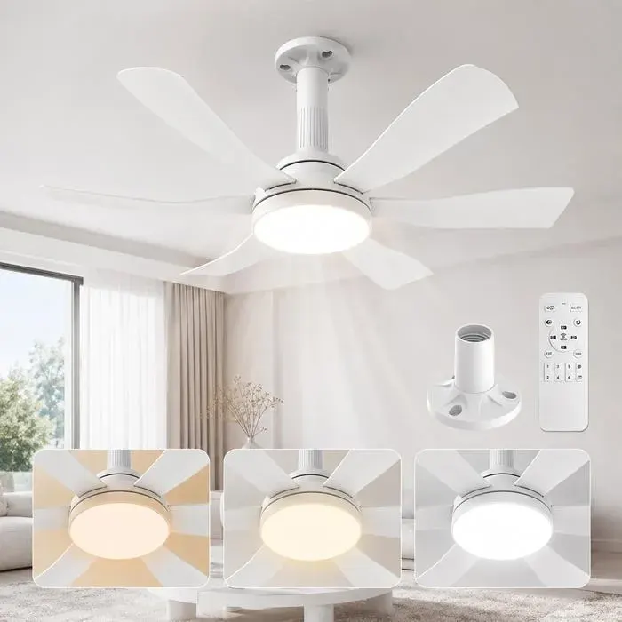 Ventilateur de plafond 71 cm avec lumière E27 - 6 vitesses moteur silencieux réversible montage en 3 étapes — coloris Blanc