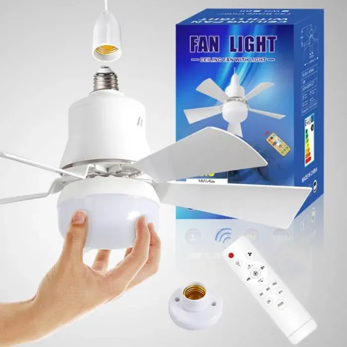 Ventilateur de plafond à cinq feuilles E27 à visser avec pales amovibles + base 30W Blanc .