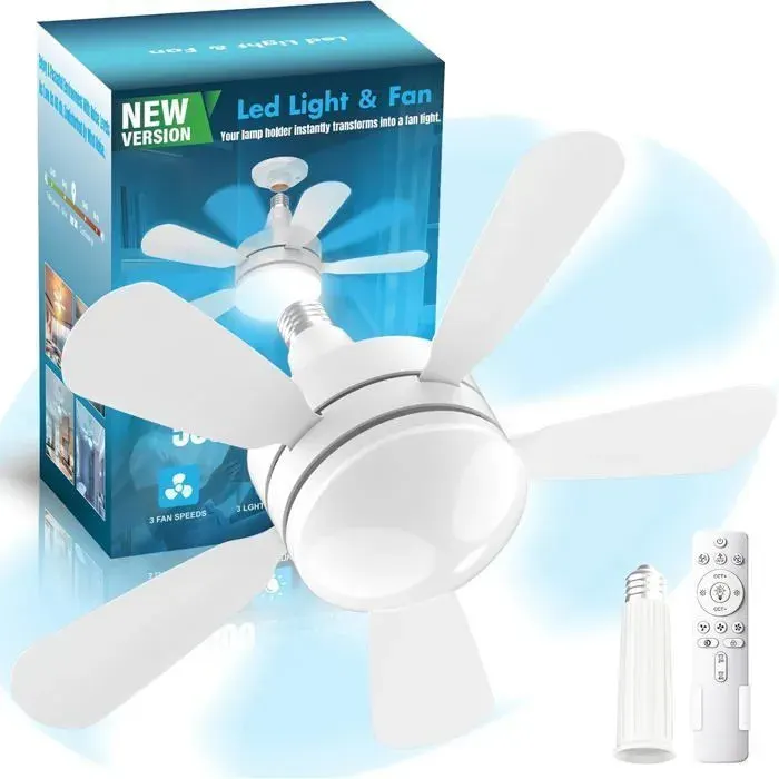 Ventilateur de plafond à douille 177 pouces avec lumière 2000 lumens télécommande Moteur Grande intensité réglable 3000 K