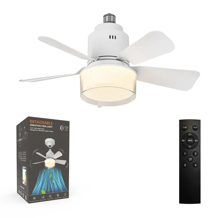 Ventilateur de Plafond à Douille E27 45 cm Blanc 24W Dimmable 3000K-6500K 4 Vitesses Télécommande+APP – 2-en-1